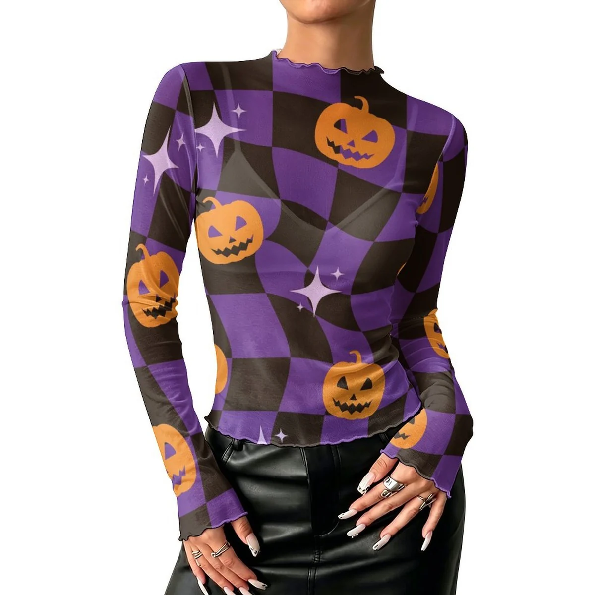 Women's High Neck Long Sleeve Mesh Top - Checkered Jack-O-Lantern Print - view 3