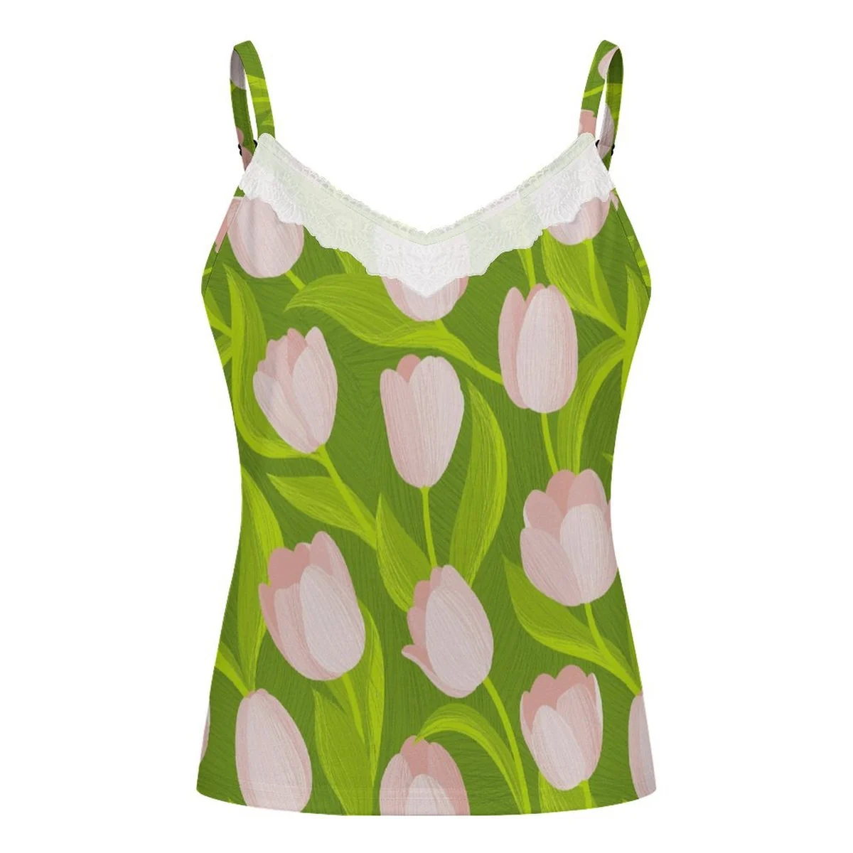 Women's Lace Trim V-Neck Cami Top - Pink Tulip Print - view 4