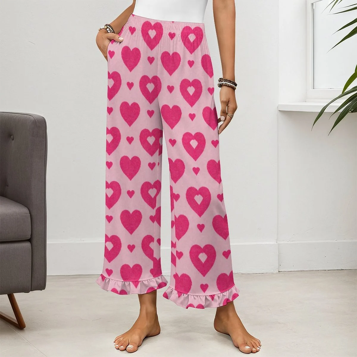 Women's Ruffle Hem Pajama Pants - Pink Heart Print - view 2