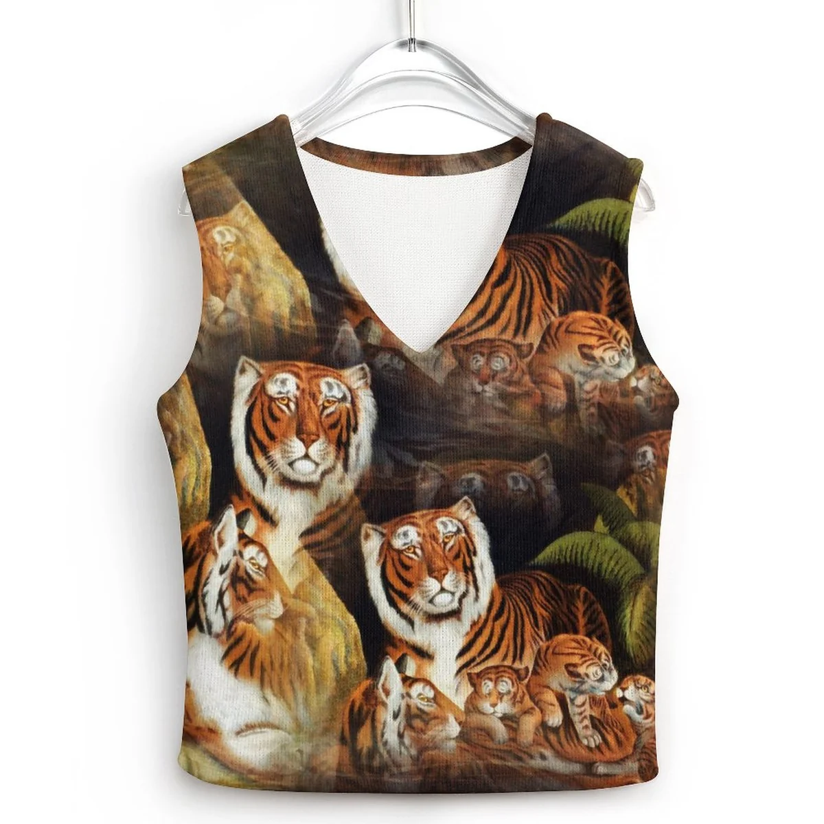 Women's V-Neck Knit Sweater Vest - Tiger Family Portrait Print - view 2