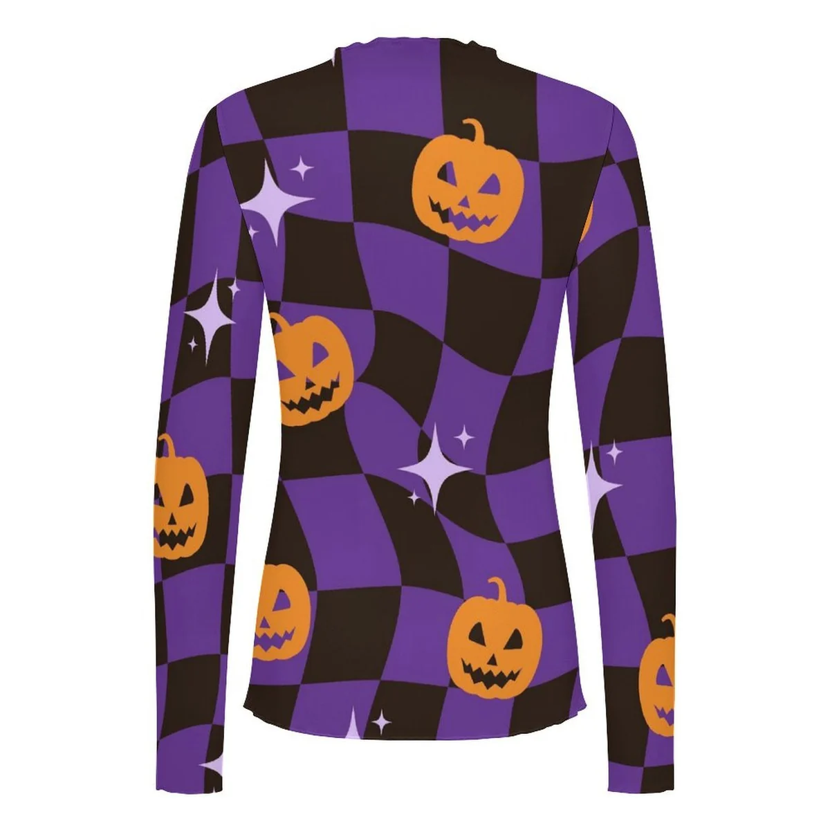 Women's High Neck Long Sleeve Mesh Top - Checkered Jack-O-Lantern Print - view 7