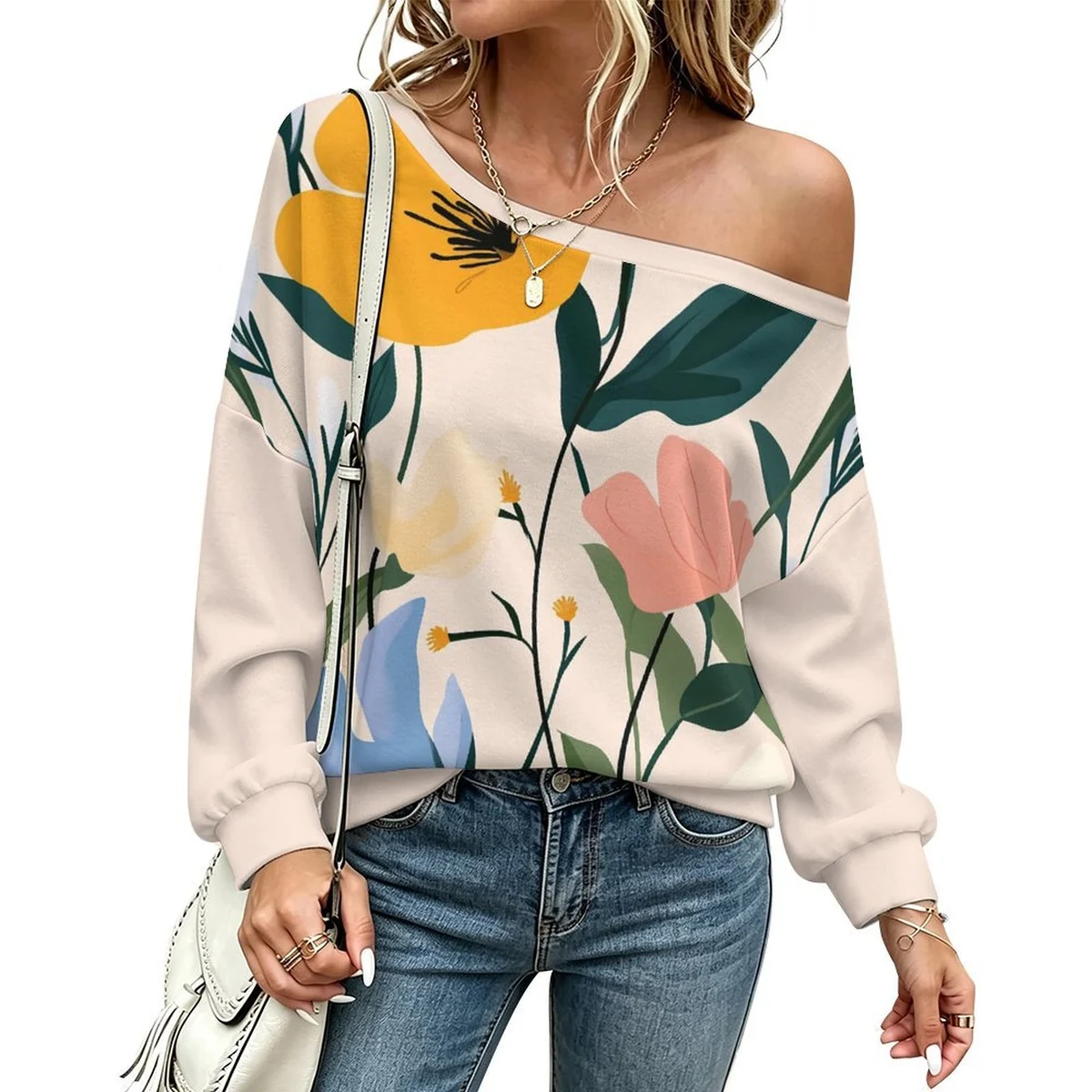 Women's Off-Shoulder Pullover Sweatshirt - Modern Poppy Print