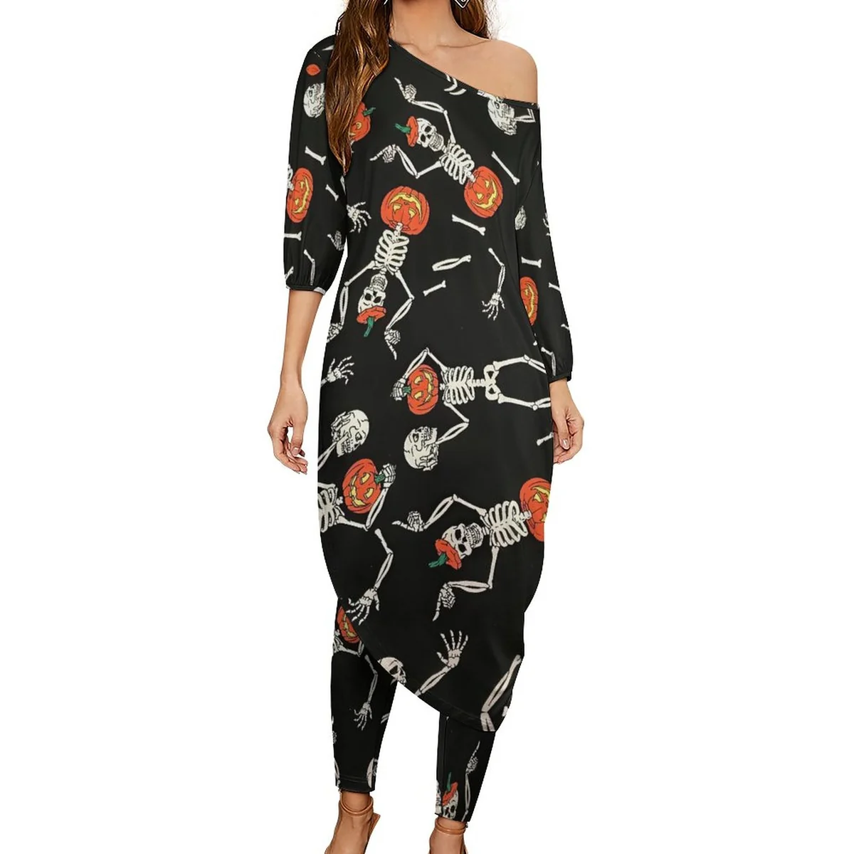 Women's Off-Shoulder Top and Pants Lounge Set - Dancing Skeleton Pumpkin Print