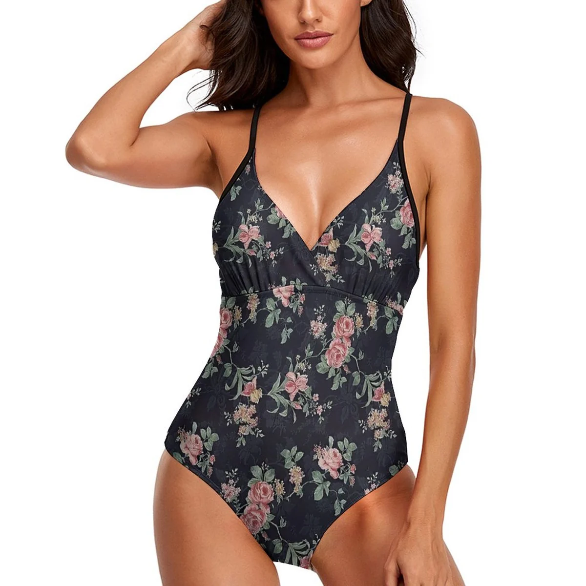Women's V-Neck Adjustable Strap One-Piece Swimsuit - Vintage Rose Print