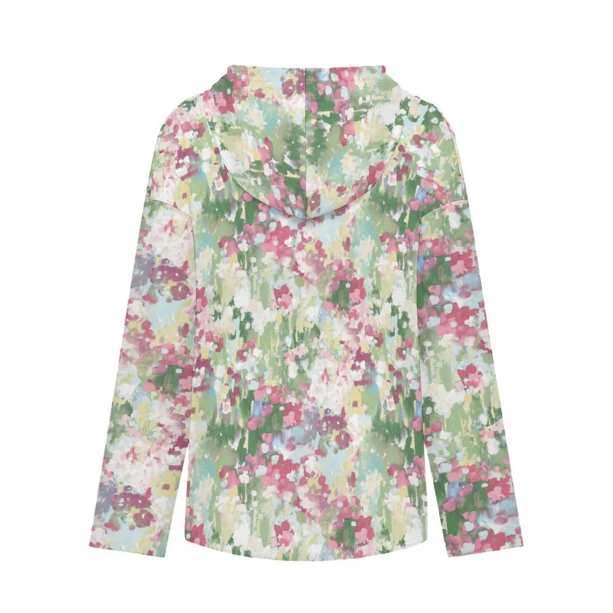 Women's V-Neck Button Hooded Pullover - Spring Blossom Field Print - view 5