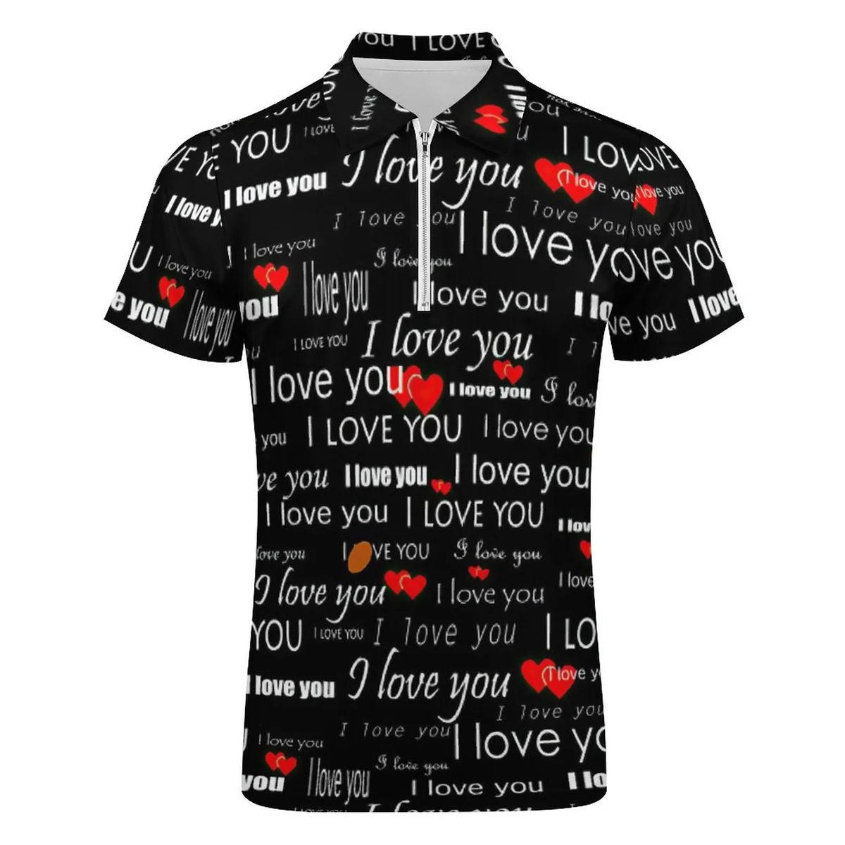 Unisex Quarter Zip Short Sleeve Polo Shirt - I Love You Script Graphic - view 4