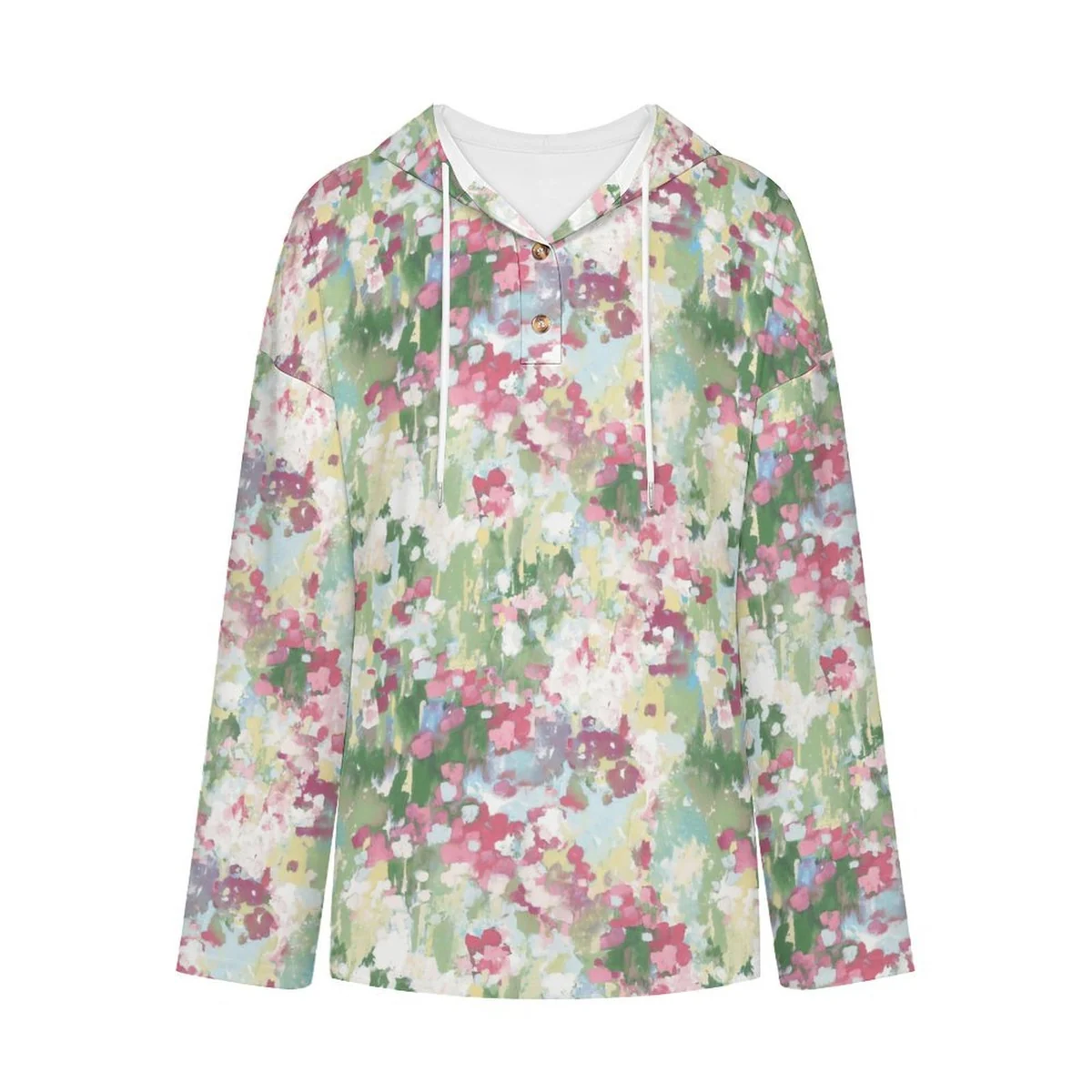 Women's V-Neck Button Hooded Pullover - Spring Blossom Field Print - view 4