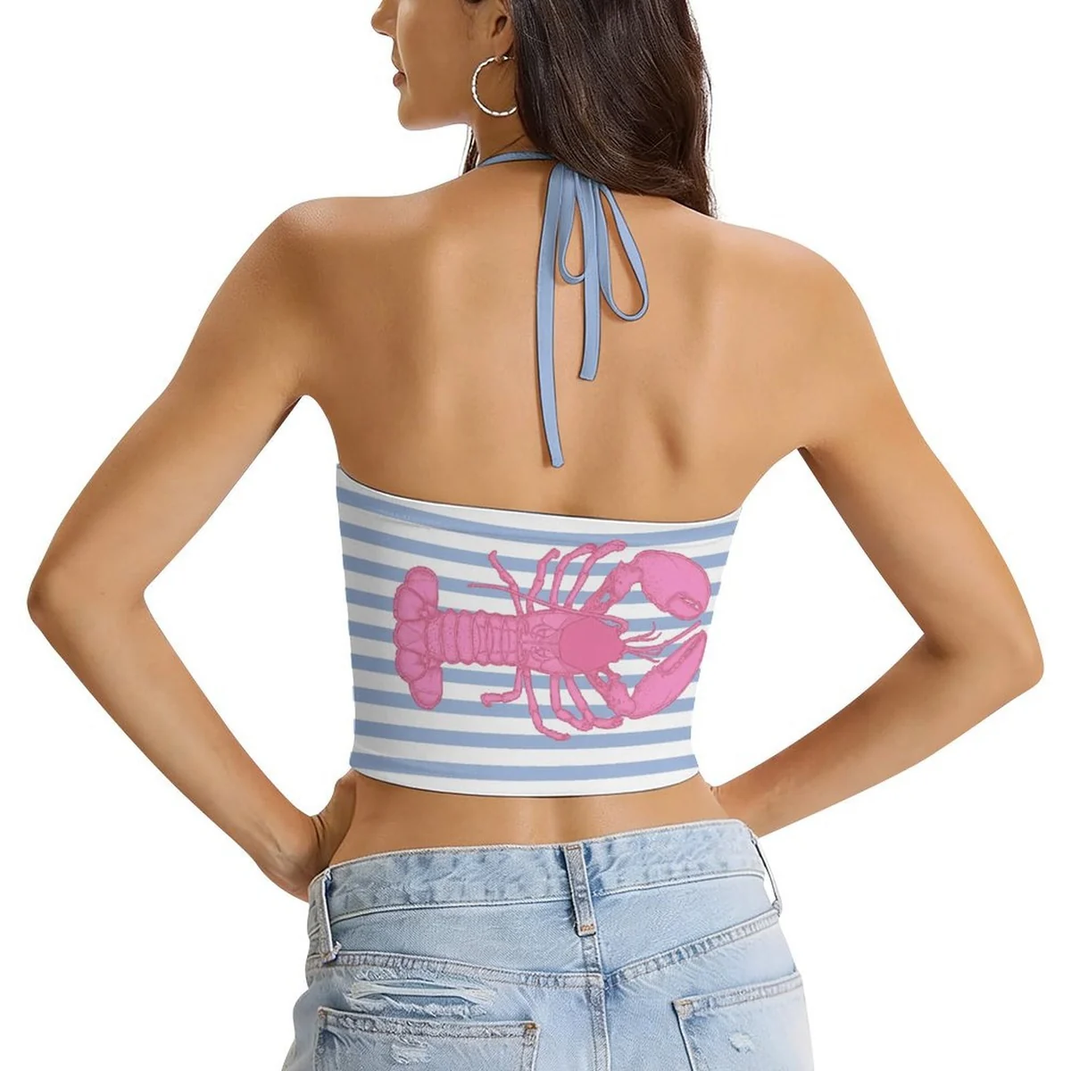 Women's Halter Tie-Back Crop Top - Pink Lobster Stripe Print - view 3