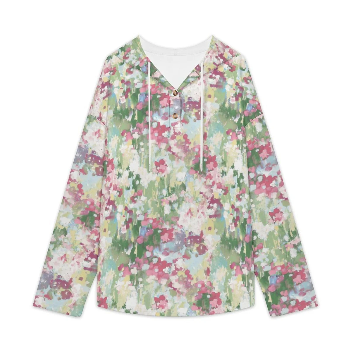 Women's V-Neck Button Hooded Pullover - Spring Blossom Field Print - view 3