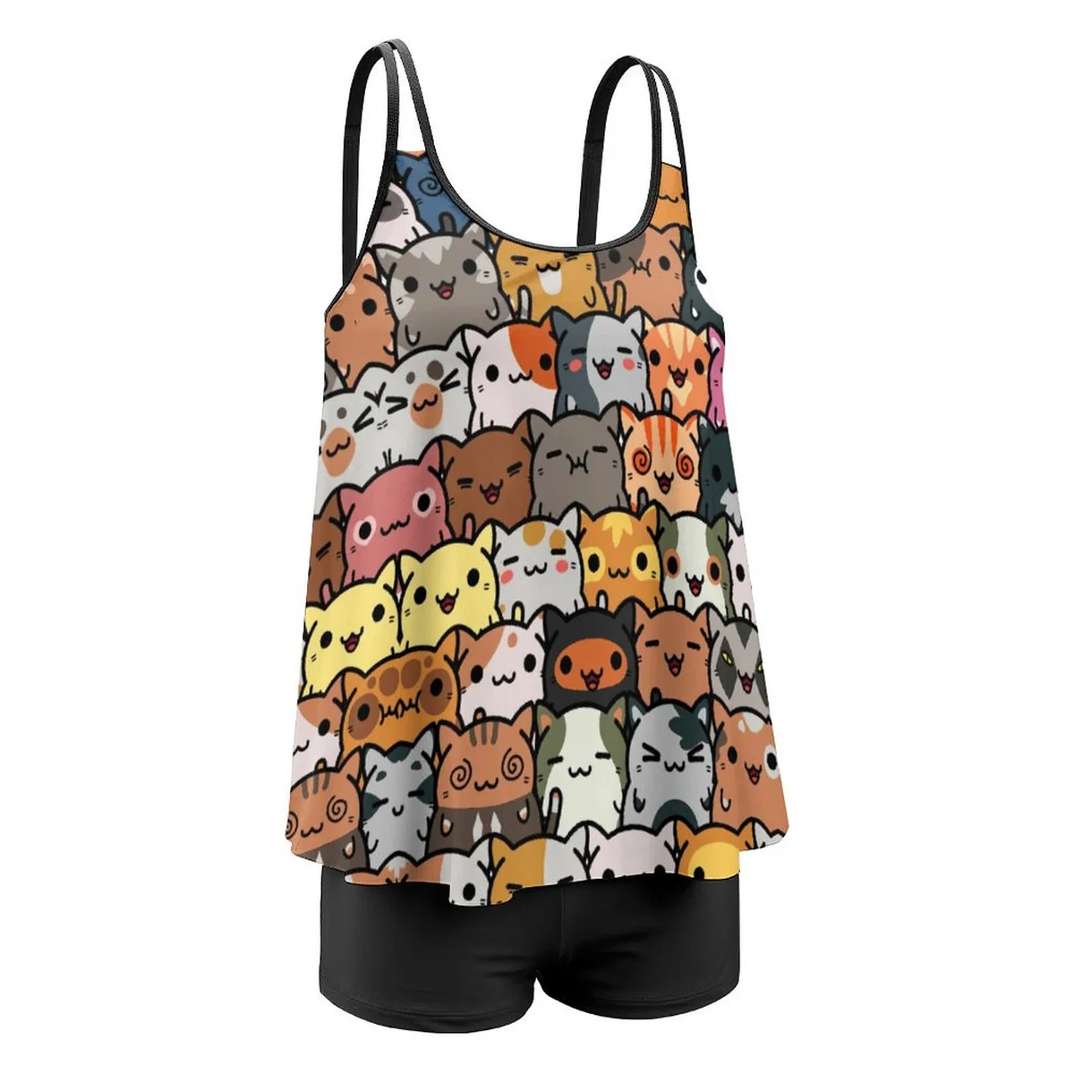 Women's Strappy Flowy Tankini Set - Kawaii Cat Crowd Print - view 8