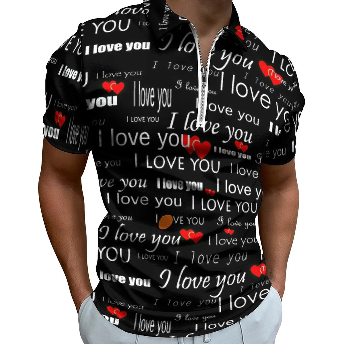 Unisex Quarter Zip Short Sleeve Polo Shirt - I Love You Script Graphic
