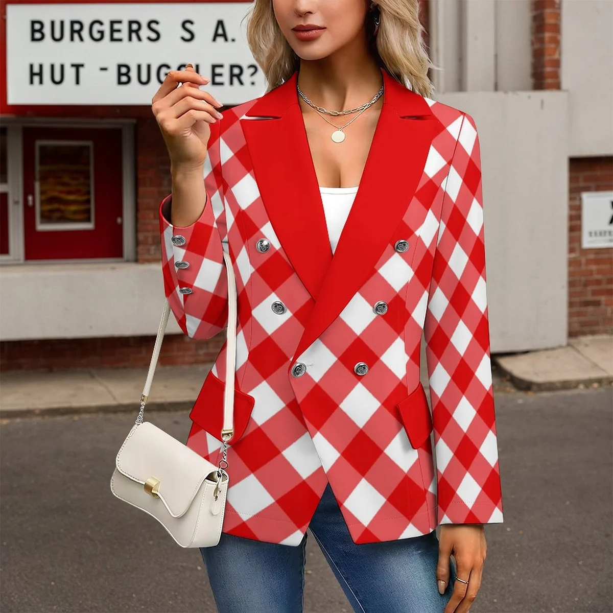 Women's Double Breasted Blazer - Red Gingham Print - view 2