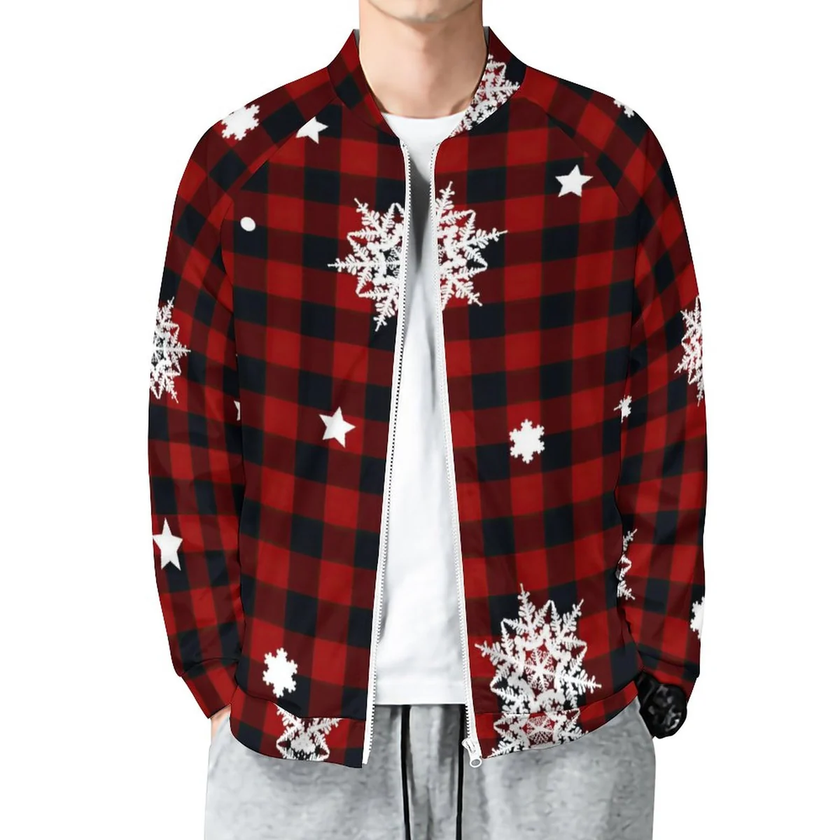 Unisex Raglan Zip Up Jacket - Buffalo Plaid Snowflake Print