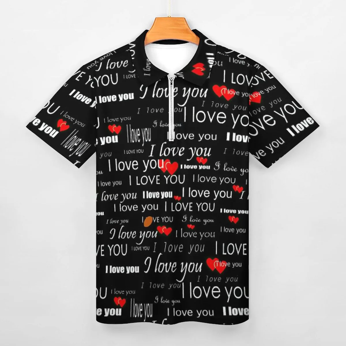 Unisex Quarter Zip Short Sleeve Polo Shirt - I Love You Script Graphic - view 3