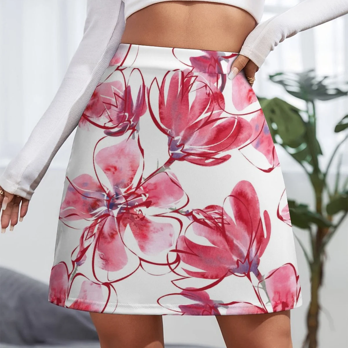 Women's High-Waist A-Line Mini Skirt - Watercolor Magnolia Print - view 2