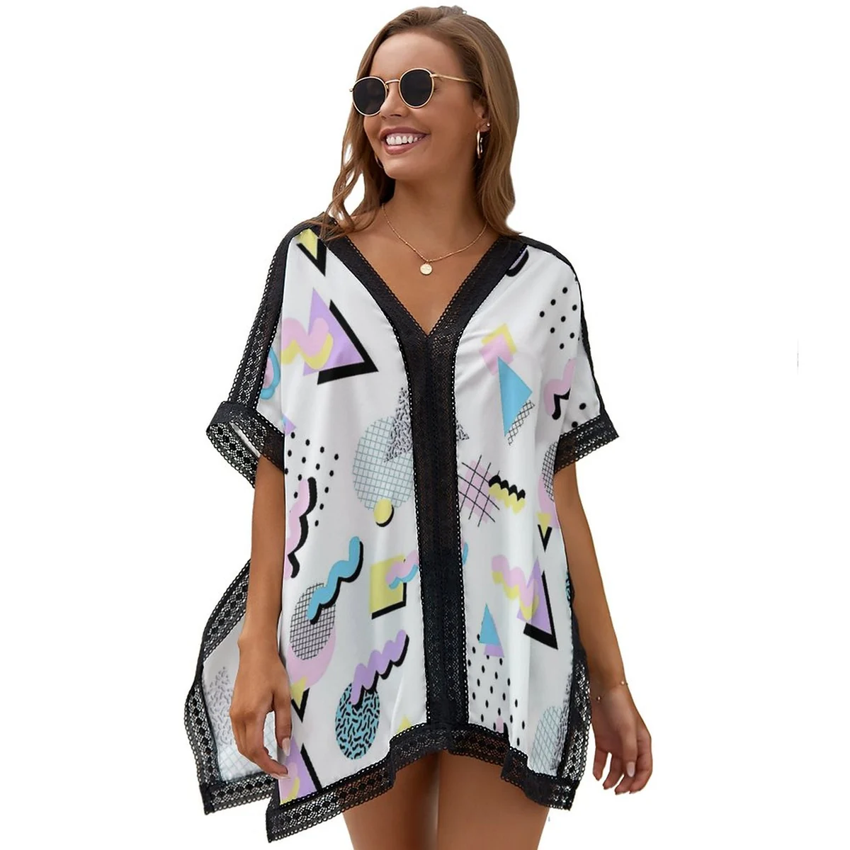 Women's Open Front Kimono Cover-Up - 90s Memphis Shapes Print