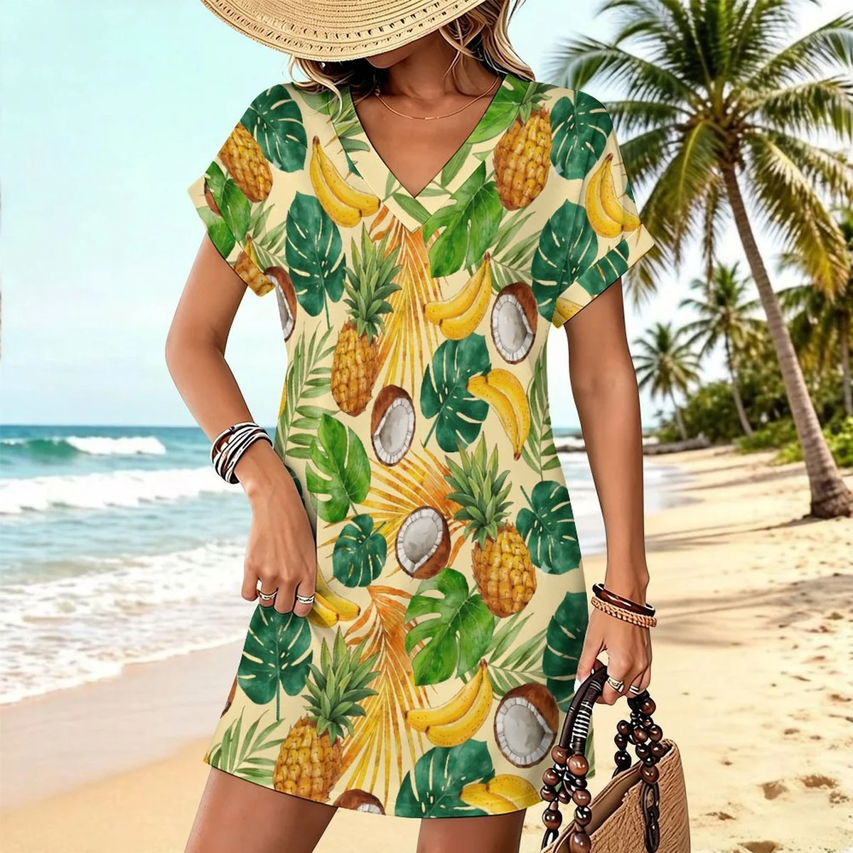 Women's V-Neck Rolled Cuff T-Shirt Dress - Pineapple Banana Coconut Print - view 7