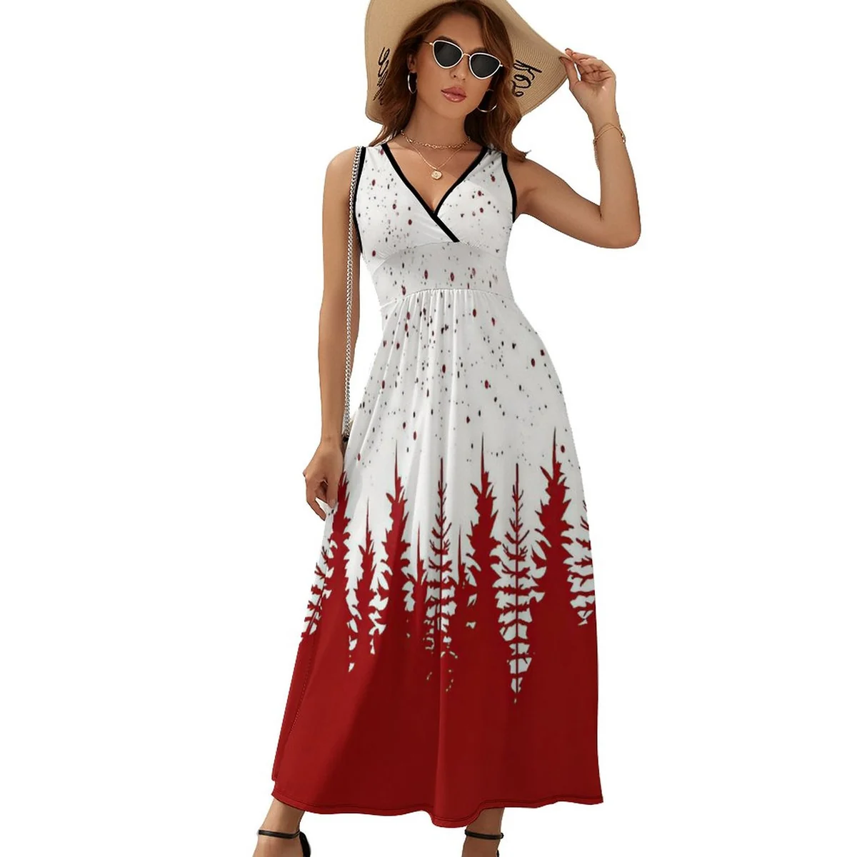 Women's V-Neck Sleeveless Maxi Dress - Red Pine Forest Print - view 8