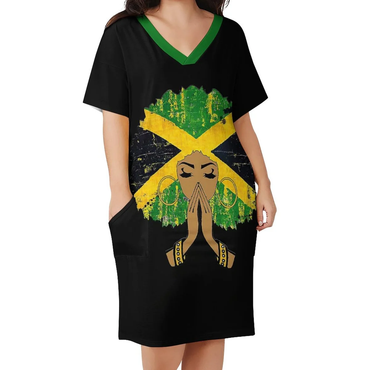 Women's V-Neck Pocket T-Shirt Dress - Jamaica Pride Silhouette Print - view 6