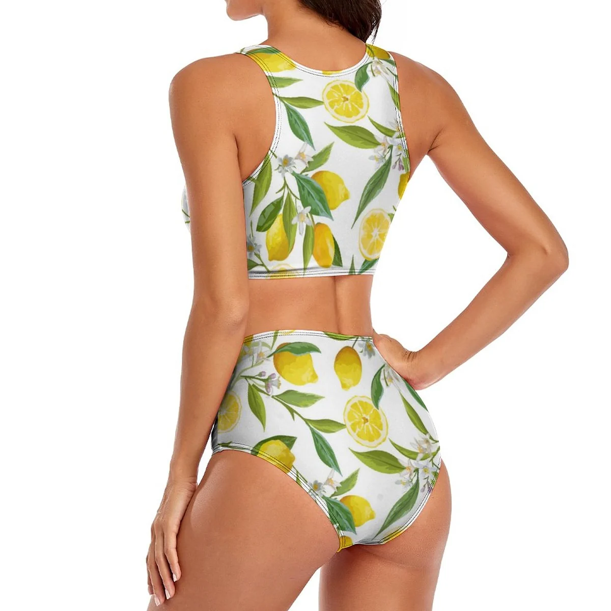 Women's Sporty High-Neck High-Waist Bikini Set - Lemon Branch Print - view 5