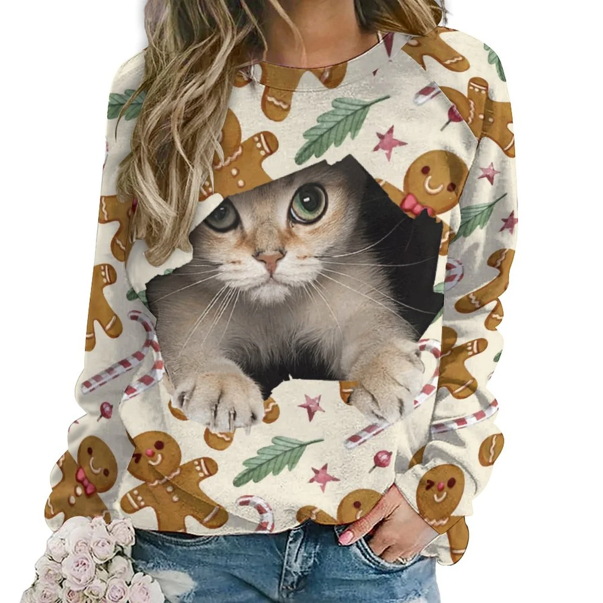 Women's Raglan Crew Neck Sweatshirt - Peeking Kitten Gingerbread Print