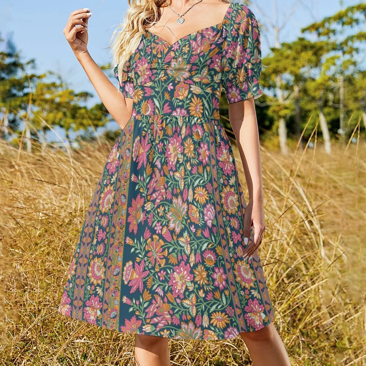 Women's Sweetheart Puff Sleeve Midi Dress - Paisley Garden Print - view 4