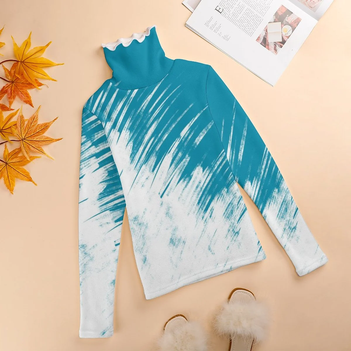 Women's Turtleneck Pullover Sweater - Teal Brushstroke Ombre Print - view 4