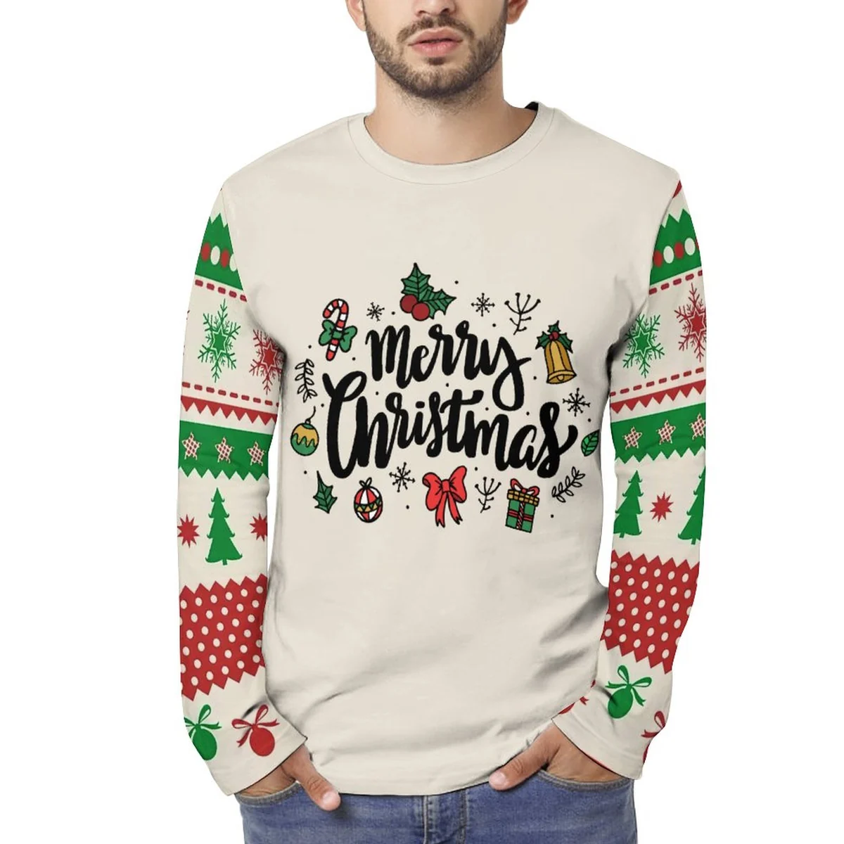 Unisex Crew Neck Long Sleeve Tee - Merry Christmas Sweater Print