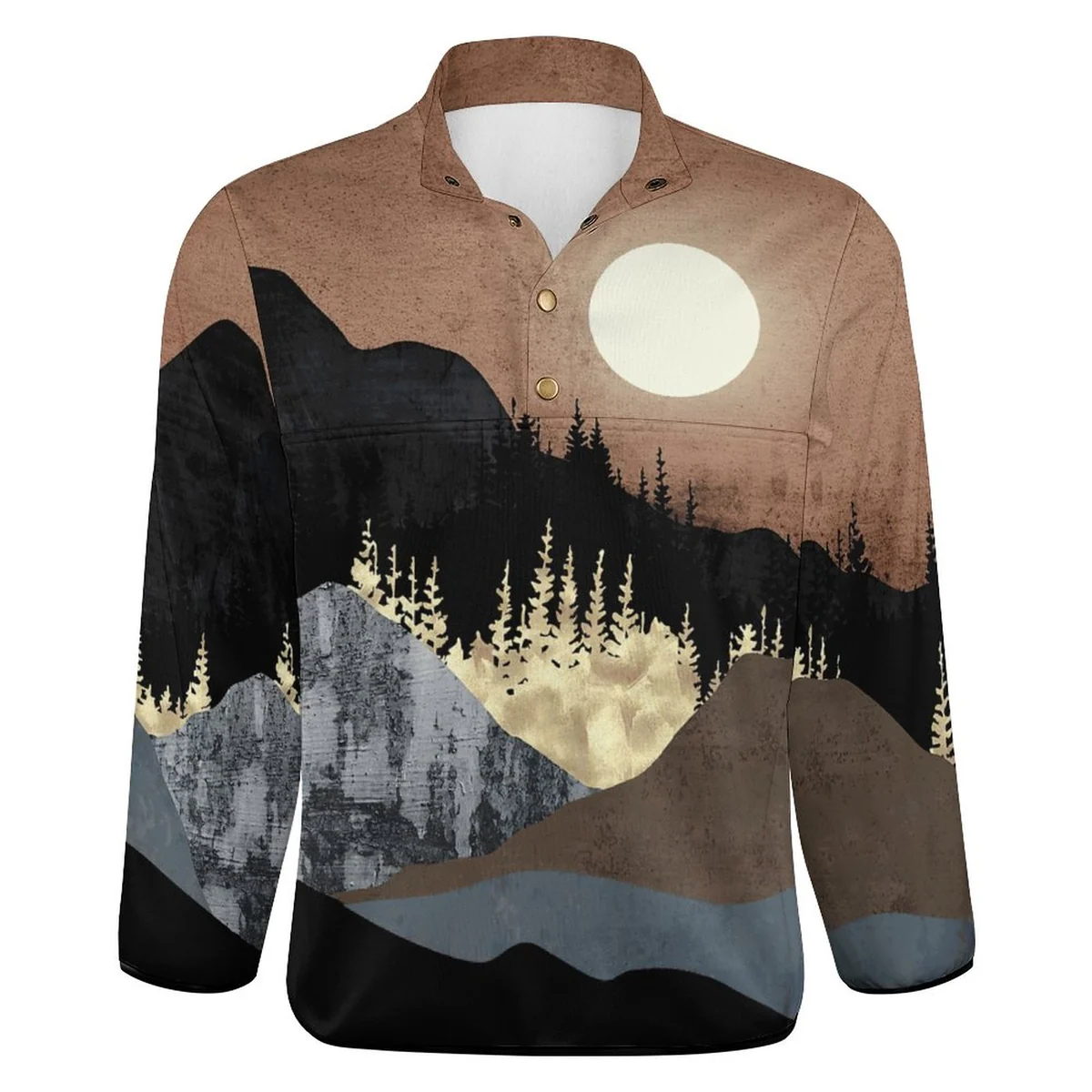 Unisex Henley Collar Sweatshirt - Moonlit Mountain Print - view 6