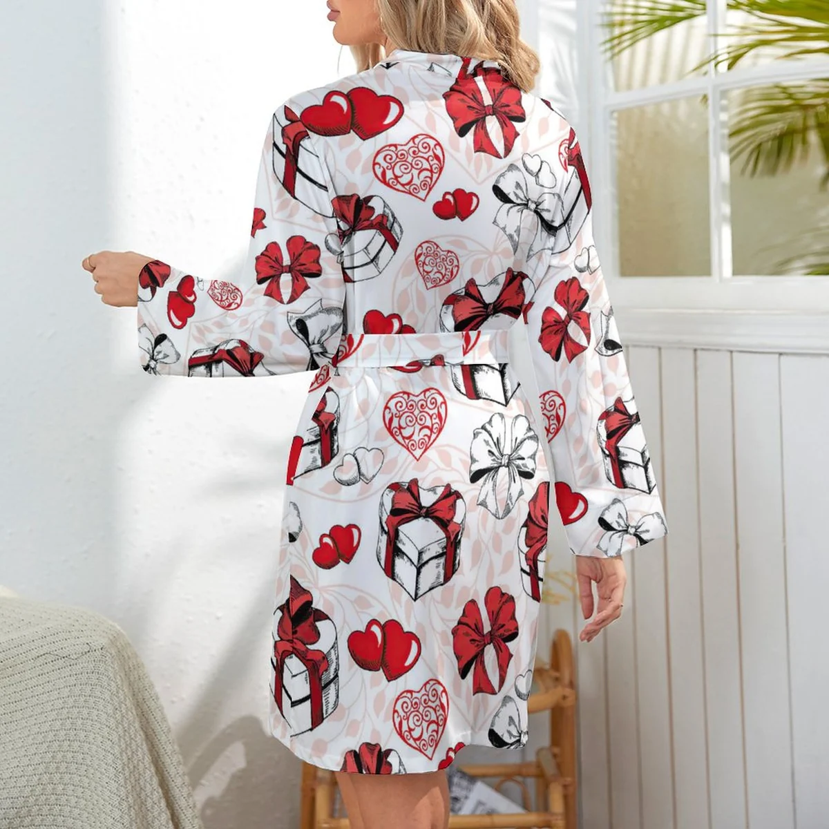 Women's Long Sleeve Belted Robe - Heart Gift Box Print - view 6