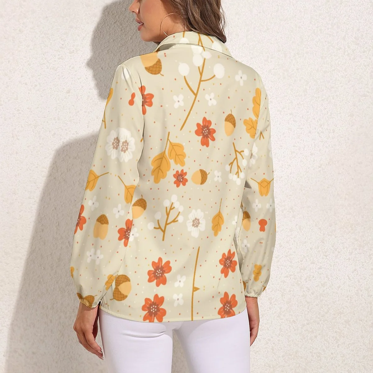 Women's Relaxed Long Sleeve Button-Down Shirt - Autumn Leaf and Acorn Graphic - view 2