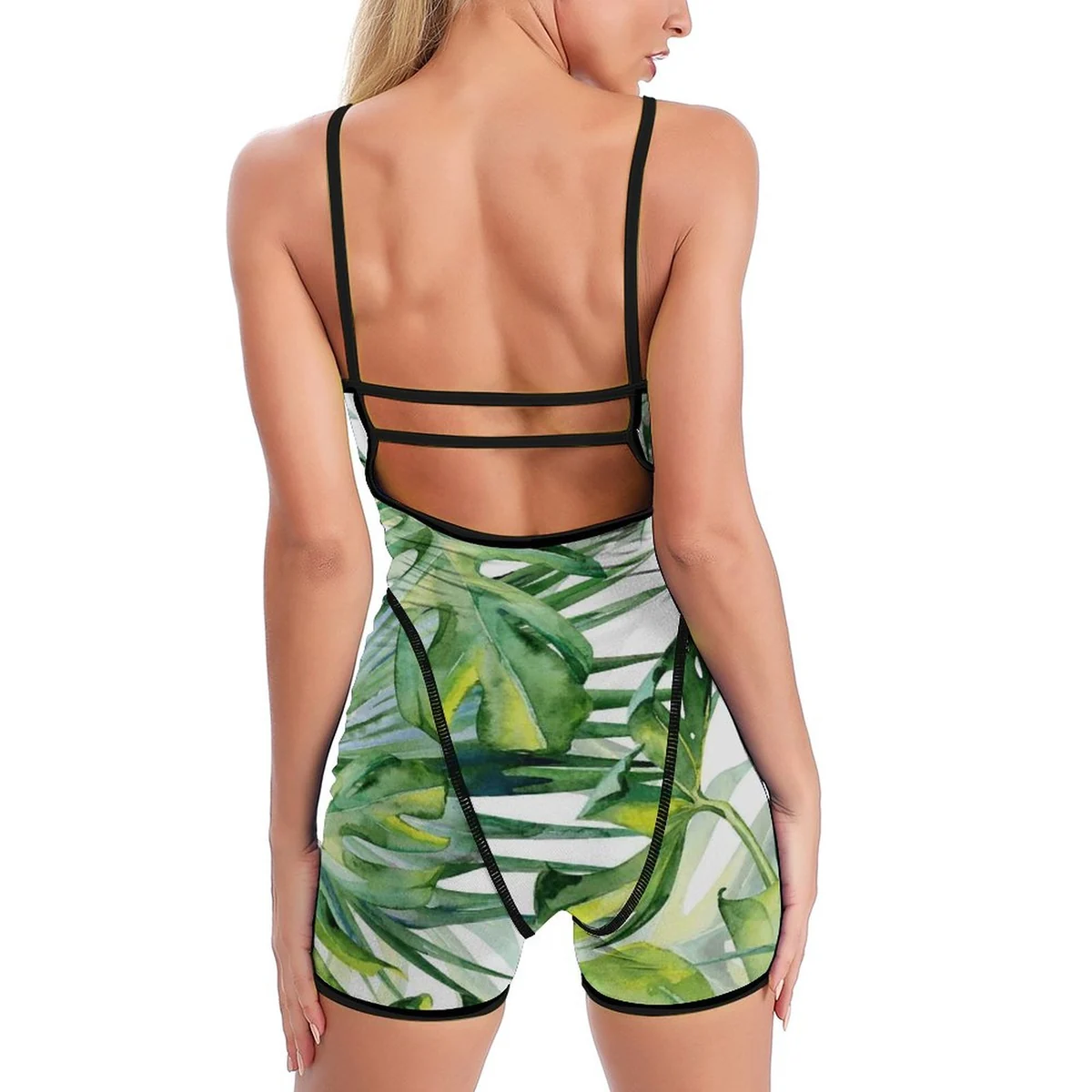 Women's Scoop-Neck Yoga Romper - Monstera Leaf Print - view 5