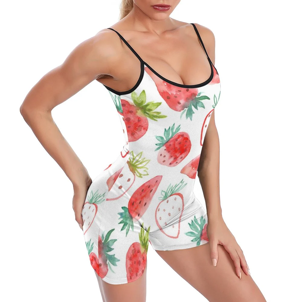 Women's Scoop-Neck Yoga Romper - Watercolor Strawberry Print - view 4