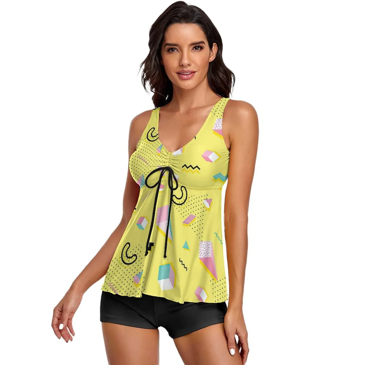 Women's Tie-Front Flowy Tankini Set - Retro Doodle Print - view 2