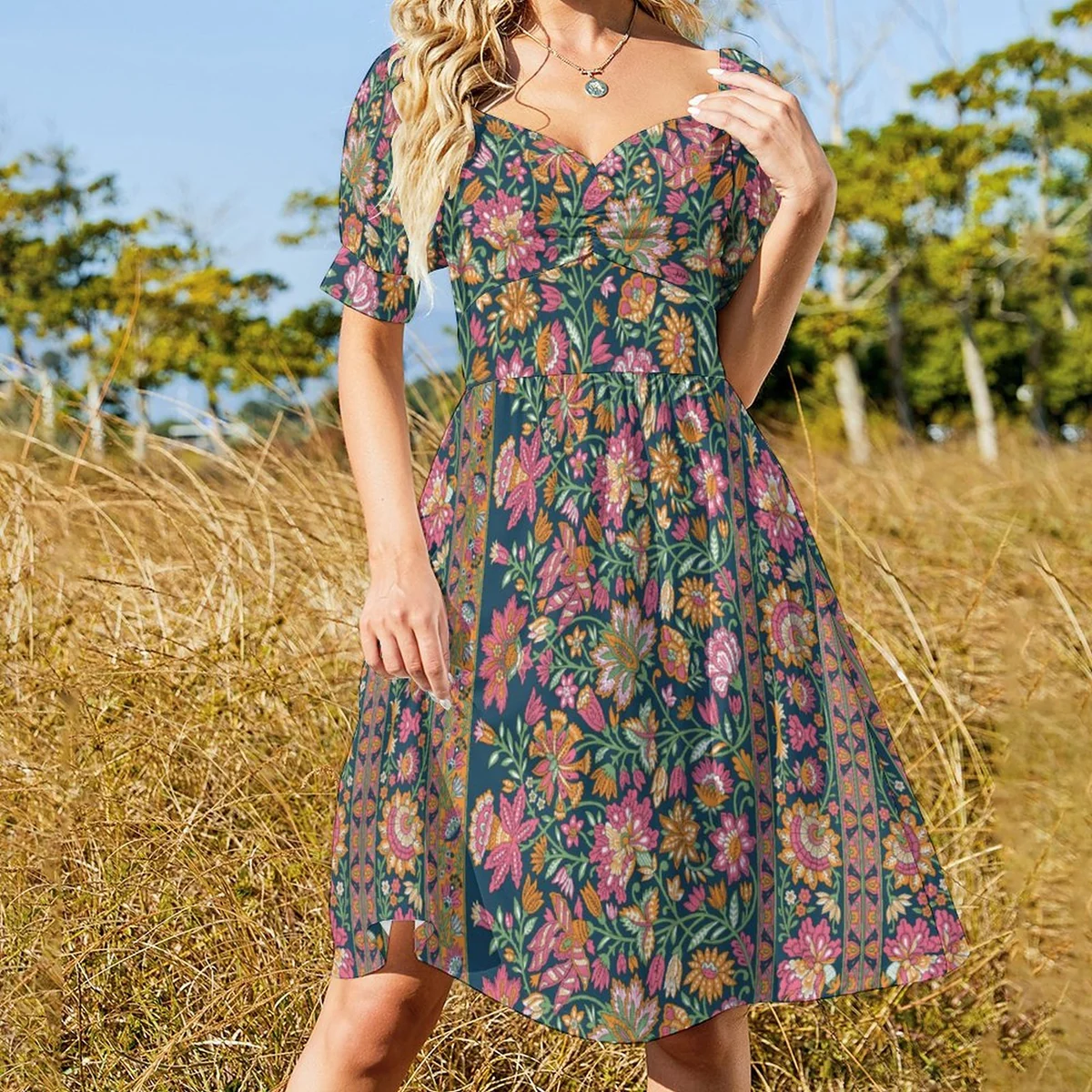 Women's Sweetheart Puff Sleeve Midi Dress - Paisley Garden Print - view 5