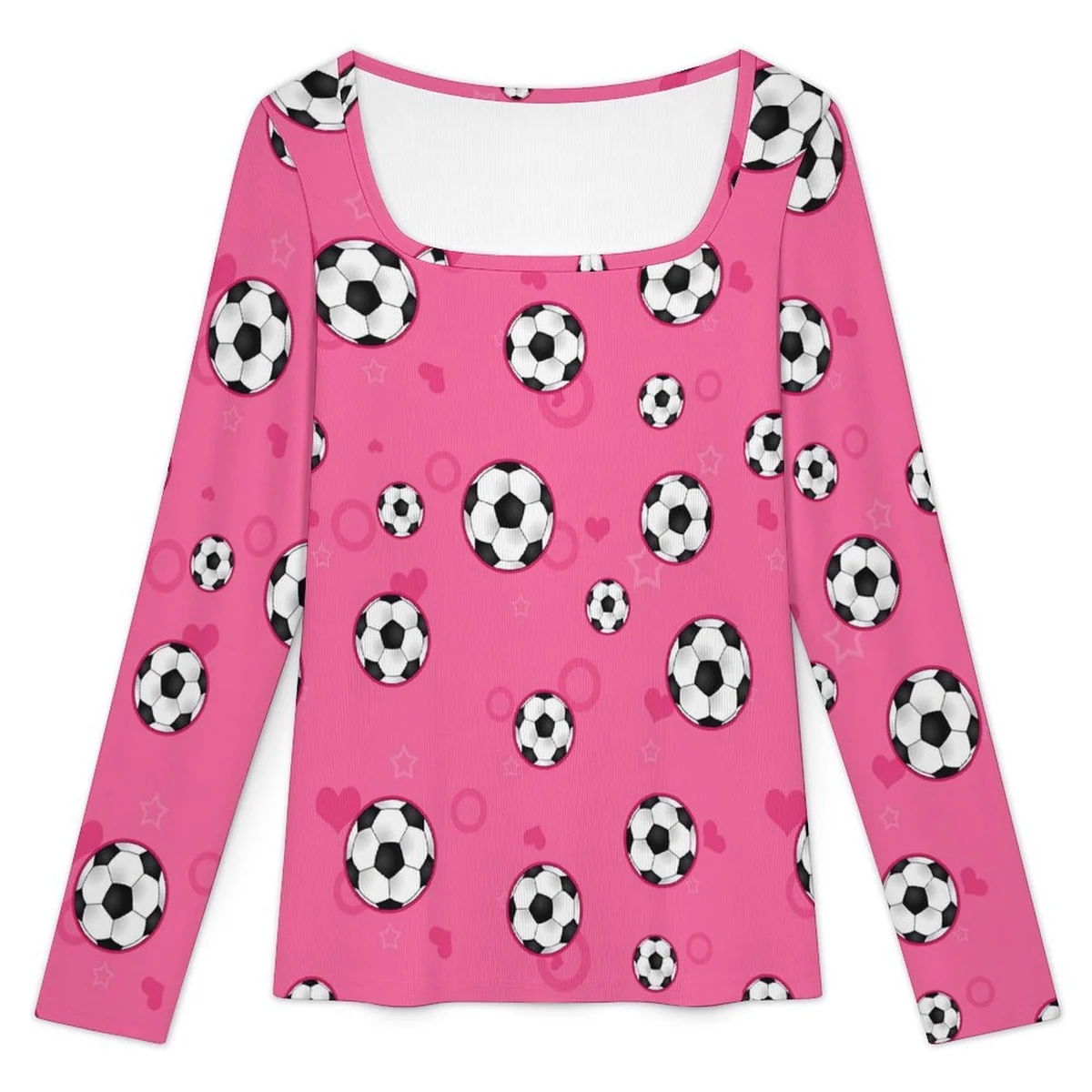 Women's Square-Neck Ribbed Long Sleeve Top - Soccer Ball Print - view 3