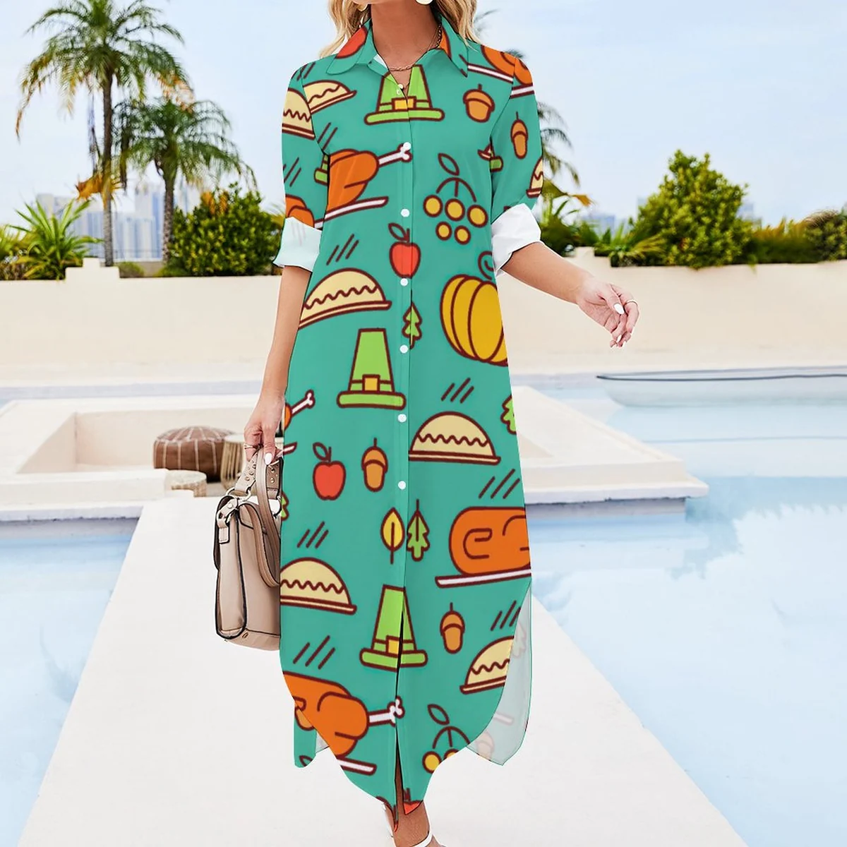 Women's Button-Down Long Sleeve Shirt Midi Dress - Thanksgiving Harvest Print - view 3