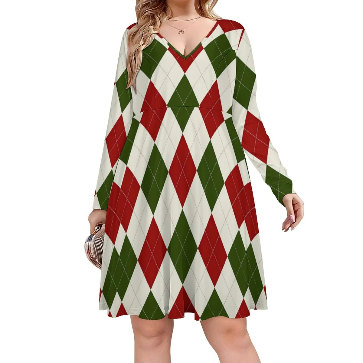 Women's Plus Size V-Neck Long Sleeve Swing Dress - Holiday Argyle Print