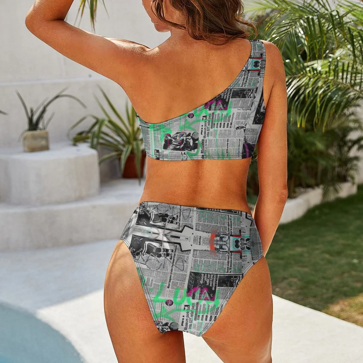 Women's One-Shoulder Bikini Set - Newsprint Collage Print - view 4