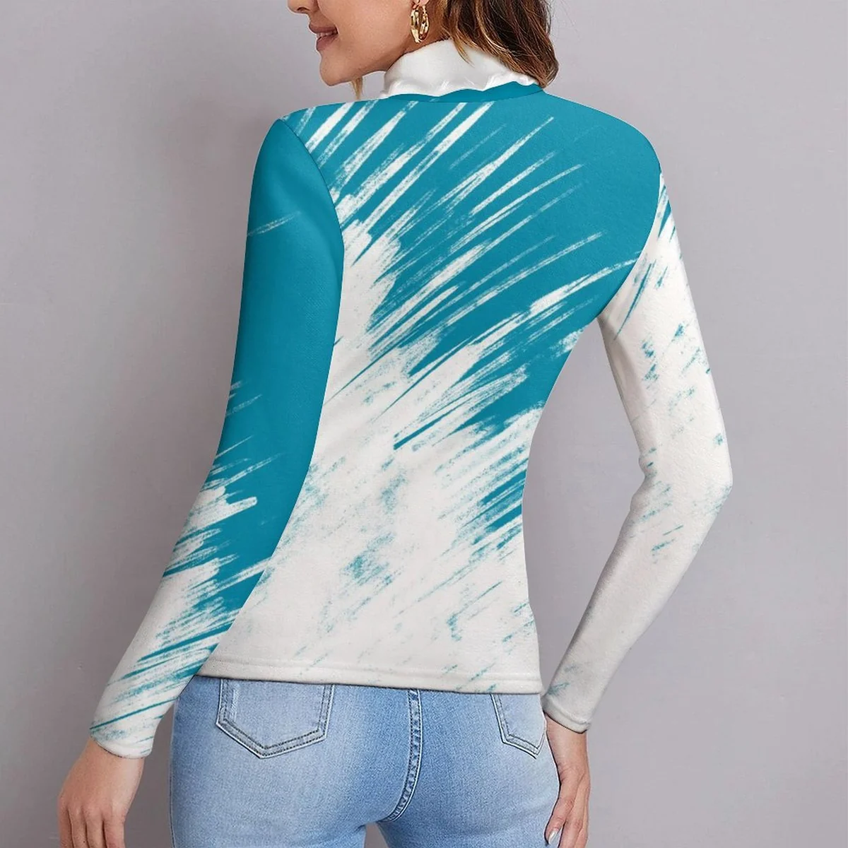 Women's Turtleneck Pullover Sweater - Teal Brushstroke Ombre Print - view 2