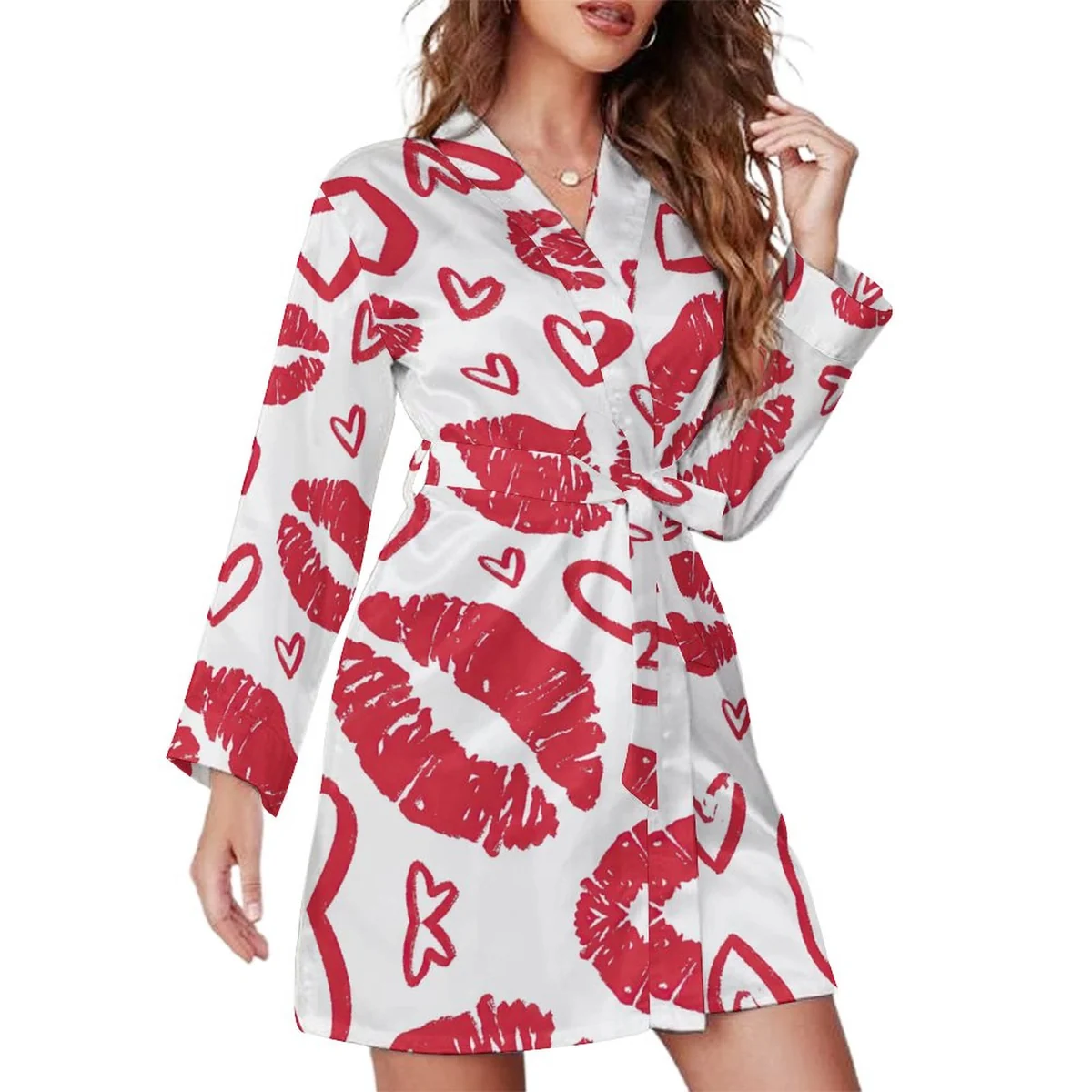 Women's Long Sleeve Belted Robe - Red Lips and Hearts Graphic