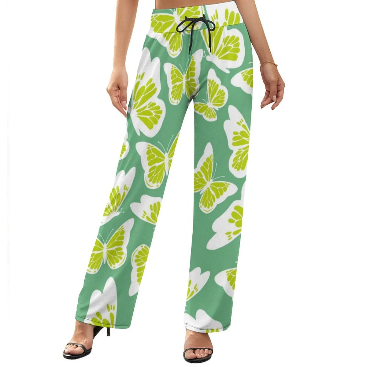 Women's Drawstring Wide Leg Pants - Lime Butterfly Print