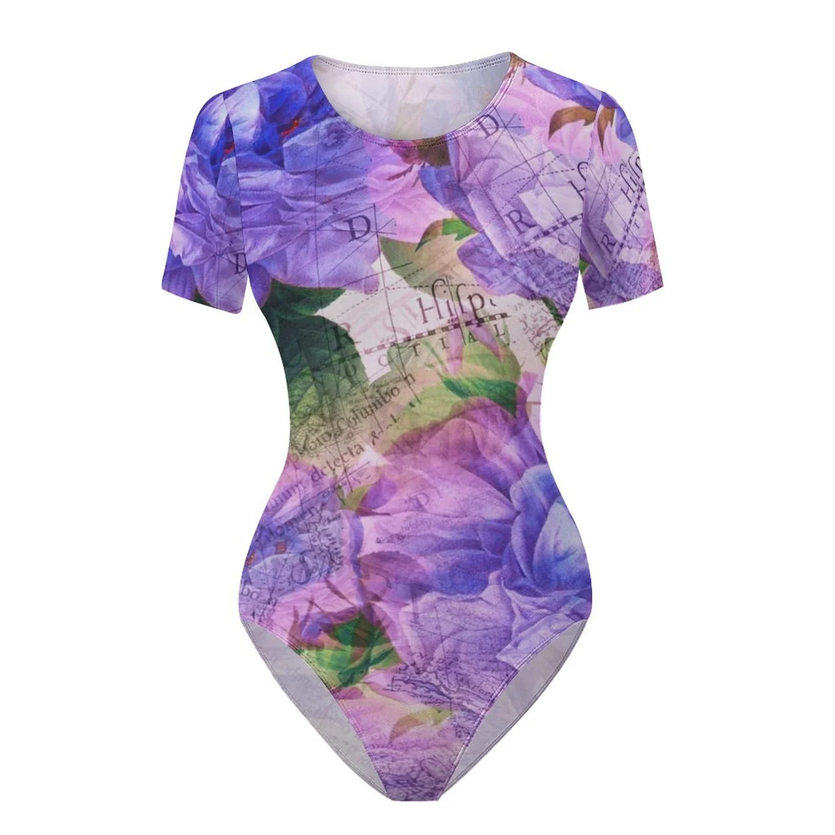 Women's Crew Neck Short Sleeve Bodysuit - Violet Rose Collage Print - view 6