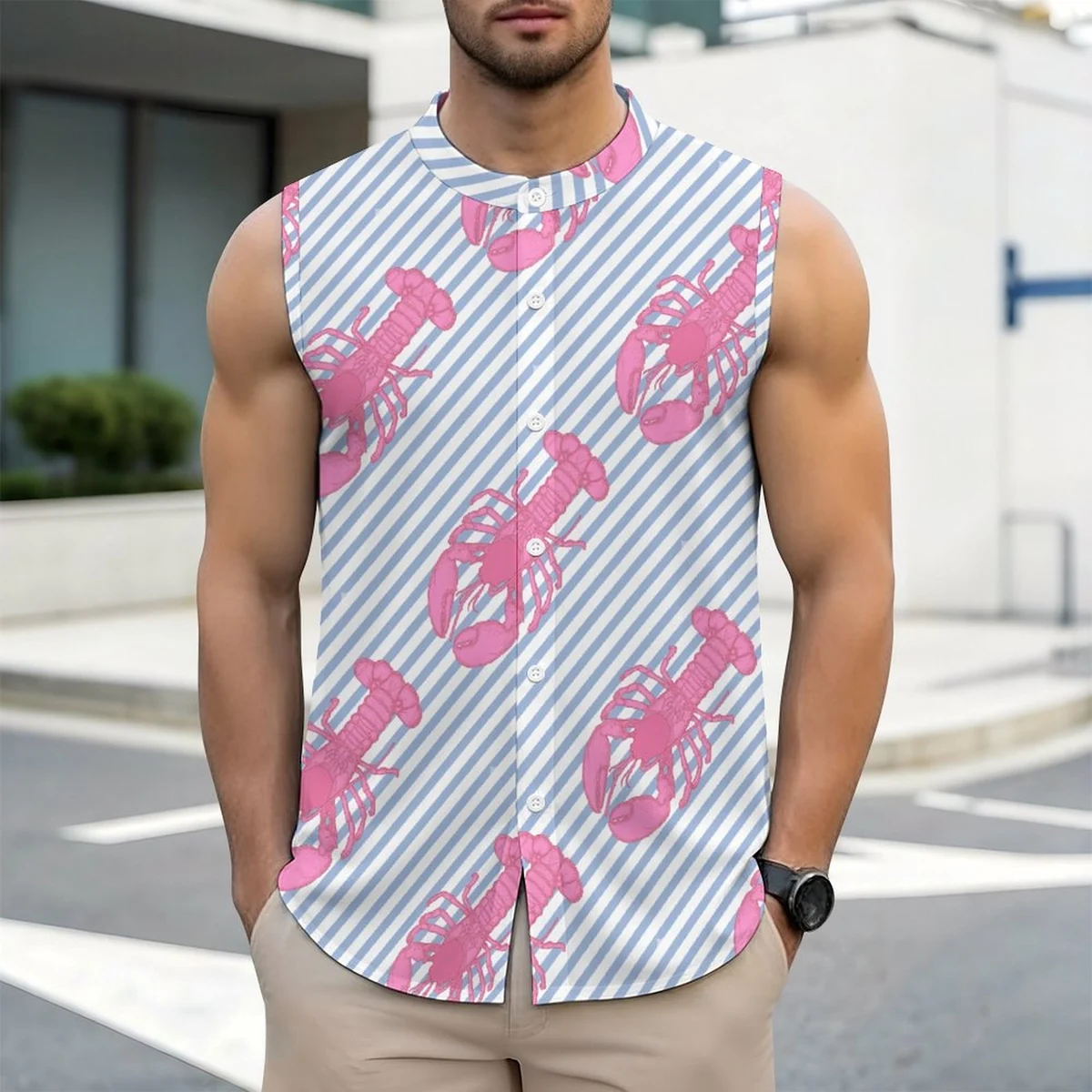 Men's Sleeveless Button-Up Shirt - Pink Lobster Stripe Print - view 2