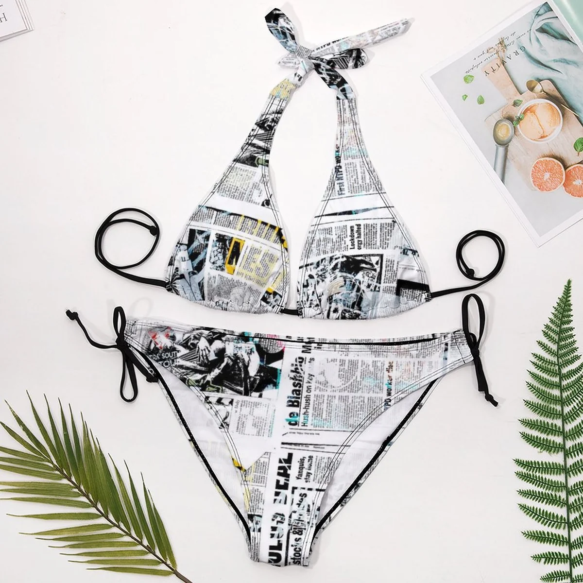 Women's Plus Size Halter Triangle Bikini Set - Vintage Newspaper Print - view 3