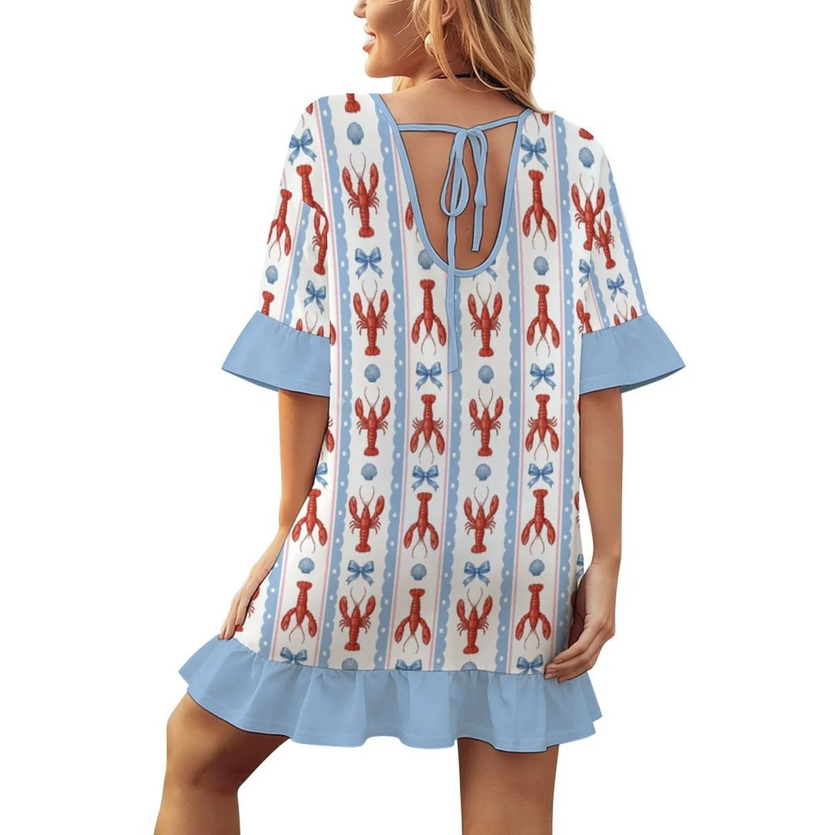 Women's Ruffle Sleeve Beach Cover-Up Dress - Lobster Stripe Print - view 8