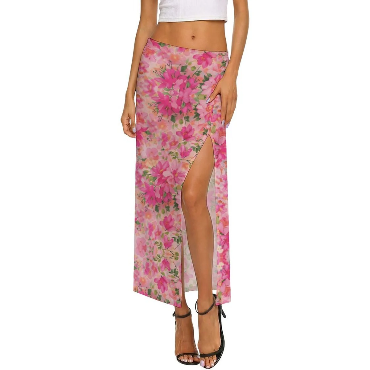 Women's Sheer Slit Sarong Maxi Skirt - Pink Bougainvillea Print