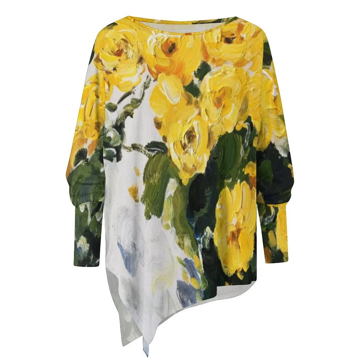 Women's Asymmetric Hem Long Sleeve Tunic - Oil Painted Yellow Rose Graphic - view 2