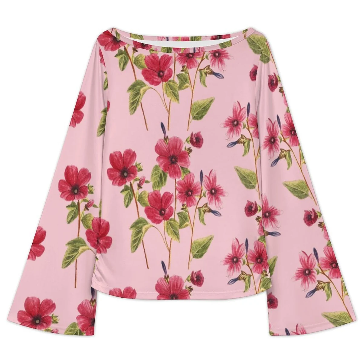 Women's Boat Neck Bell Sleeve Top - Hibiscus Sketch Print - view 3