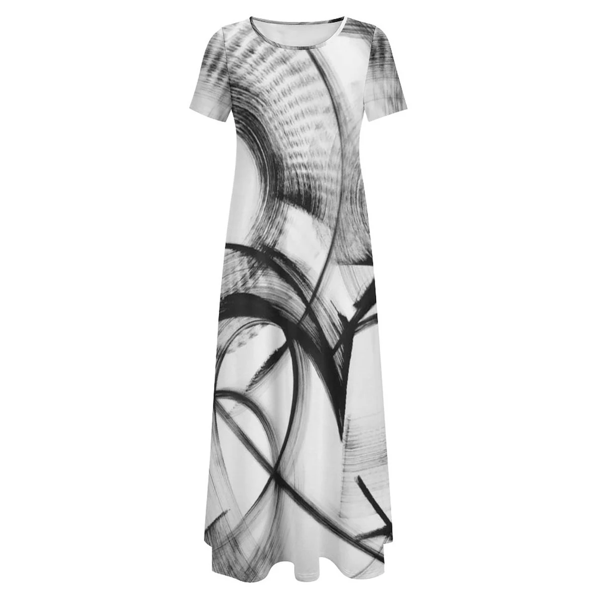 Women's Crew Neck Short Sleeve Maxi T-Shirt Dress - Ink Smoke Swirl Print - view 3